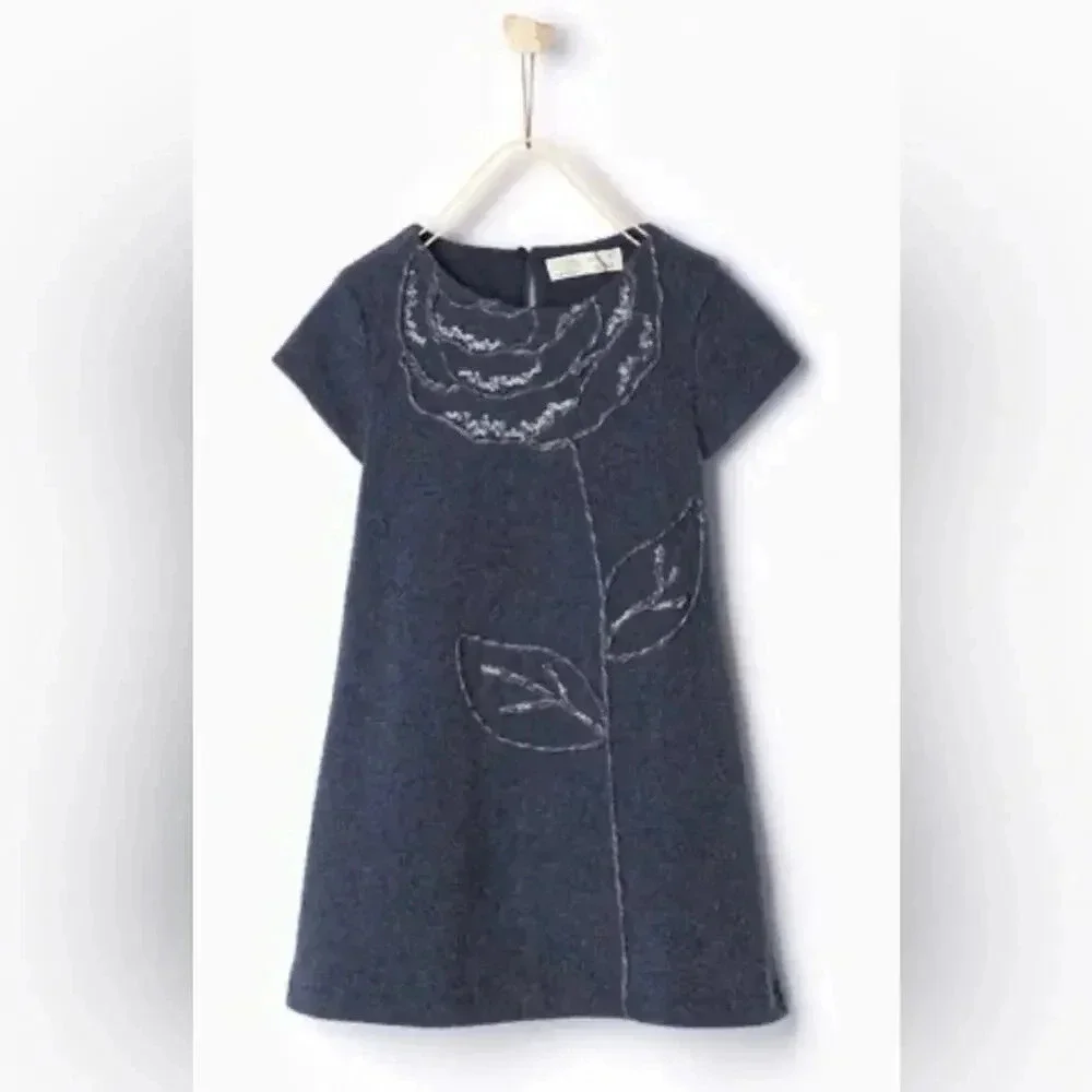 Zara Kids dress toddler girl Embroided rose wool navy shift a-line formal